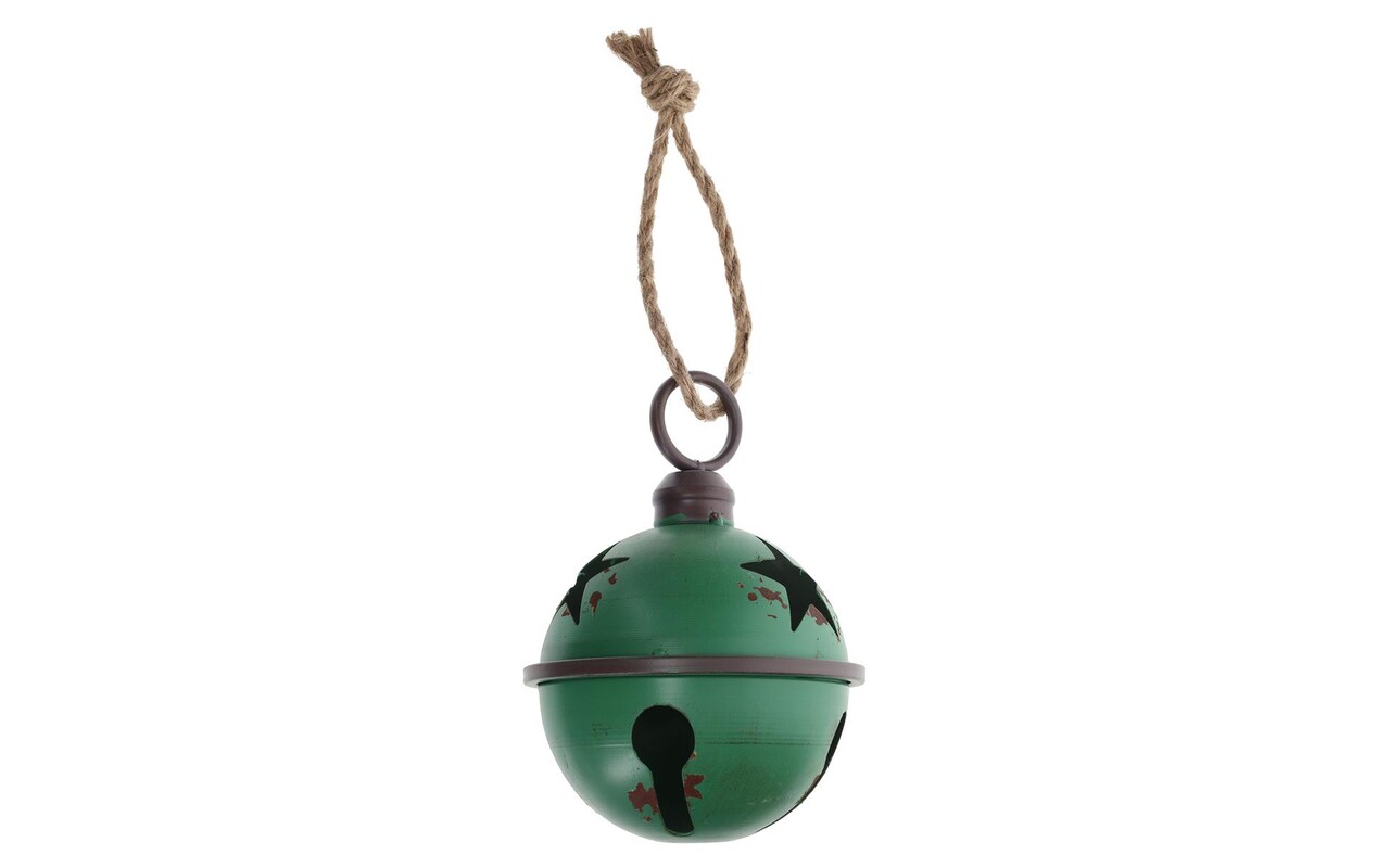 Sierra Pacific Decor Metal Jingle Bell 7" Rustic Green, for holiday decor, feature a jute loop hanger, cut out stars on the bell, and inside is another jingle bell